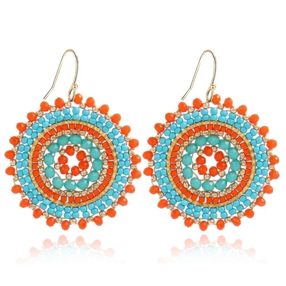 Blue and Orange Beaded Crystal Round Disc Boho Statement Dangling Hook Earrings